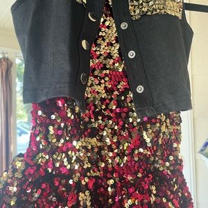 Burgundy and gold sequence dance constume